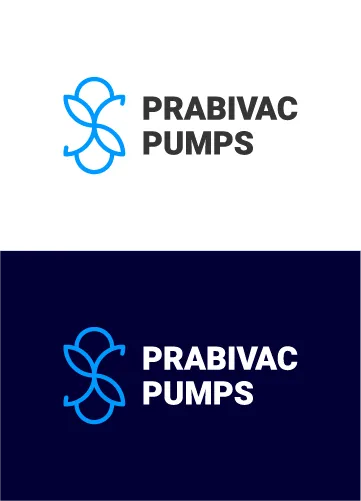 Prabivac Pumps logo lockup in blue on white and on navy