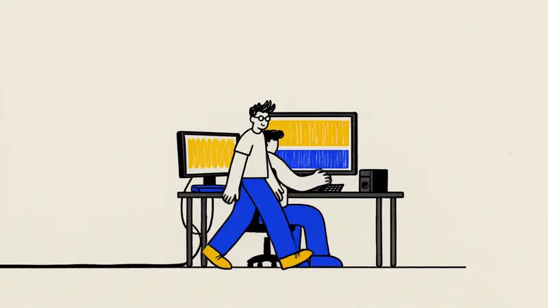 An editor at a two-screen edit suite with a timeline running, in a hand-drawn illustration